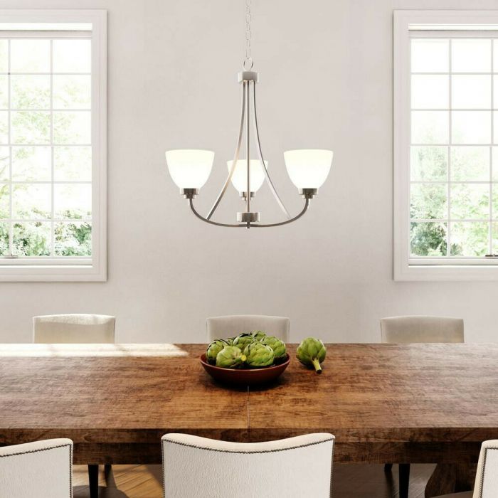 Hampton Bay Hastings 3-Light Brushed Steel Chandelier with White Glass Shades 