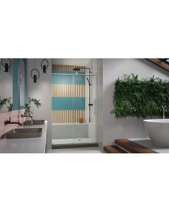 DreamLine Enigma-X 76-in H x 44-in to 48-in W Frameless Bypass/Sliding Brushed Stainless Steel Shower Door (Clear Glass)